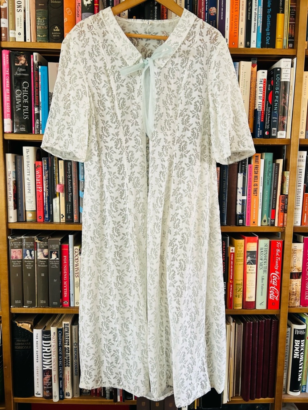 Vntg 1960s Nylon Sheer Floral Lace Duster Peignoir Ribbon Short Sleeve Robe sz S